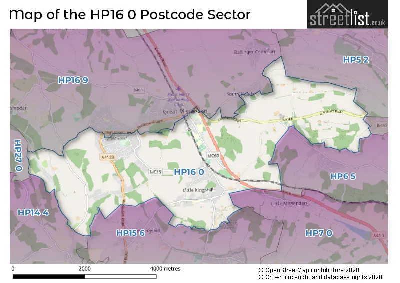 Map of the HP16 0 and surrounding postcode sector