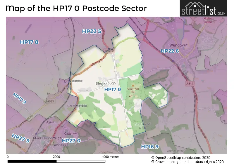 Map of the HP17 0 and surrounding postcode sector
