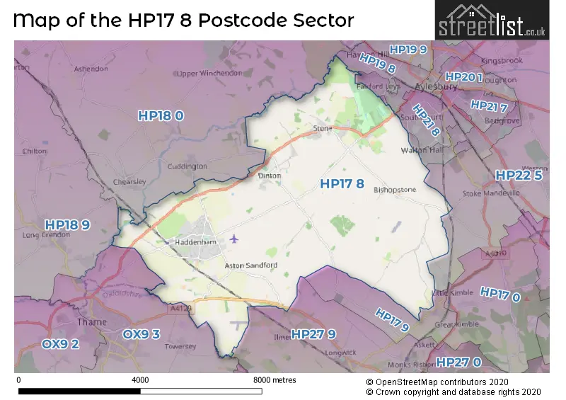Map of the HP17 8 and surrounding postcode sector