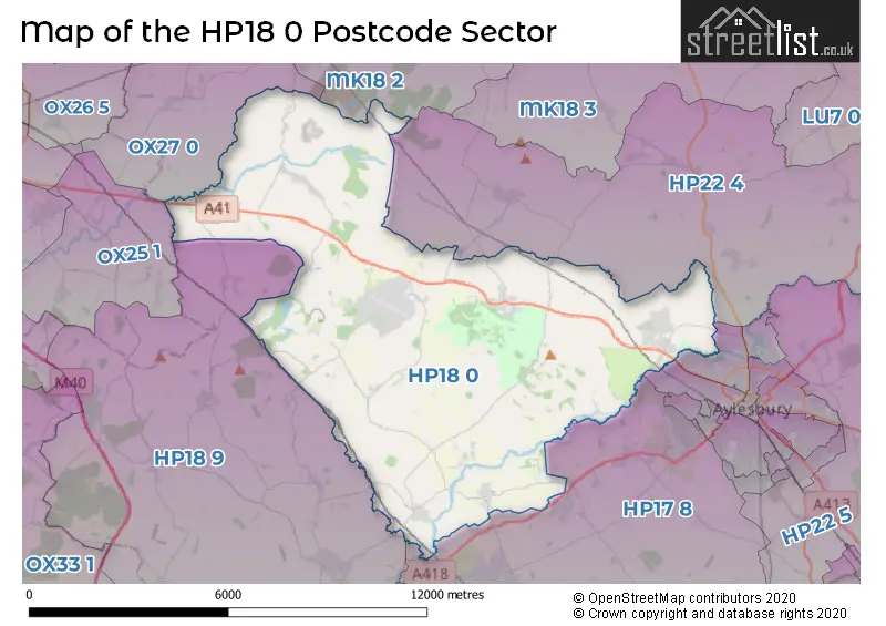 Map of the HP18 0 and surrounding postcode sector