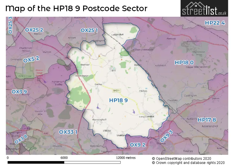 Map of the HP18 9 and surrounding postcode sector