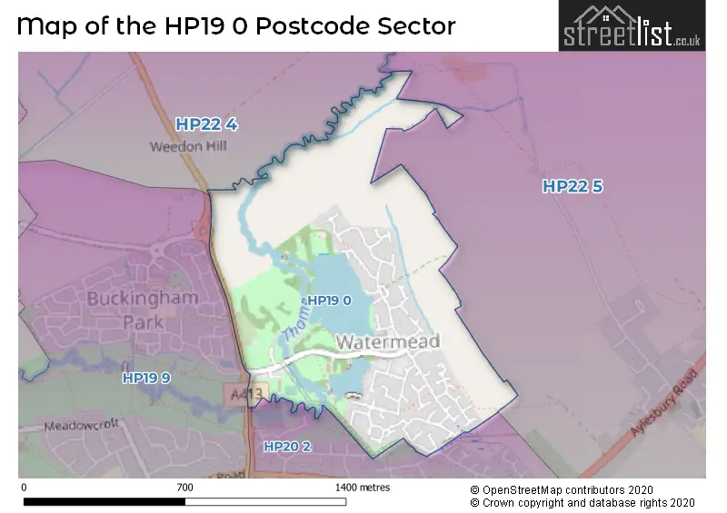 Map of the HP19 0 and surrounding postcode sector