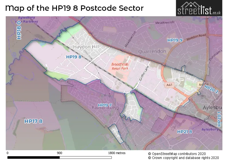 Map of the HP19 8 and surrounding postcode sector