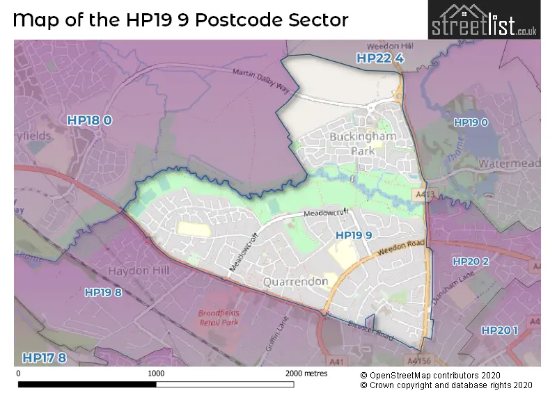 Map of the HP19 9 and surrounding postcode sector