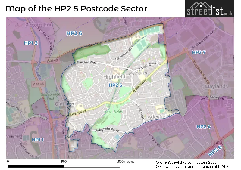 Map of the HP2 5 and surrounding postcode sector