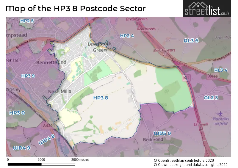 Map of the HP3 8 and surrounding postcode sector