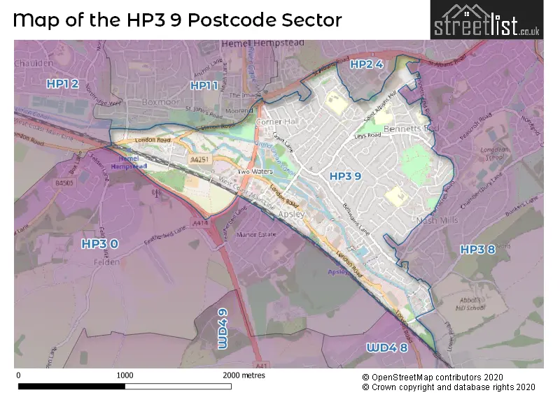 Map of the HP3 9 and surrounding postcode sector
