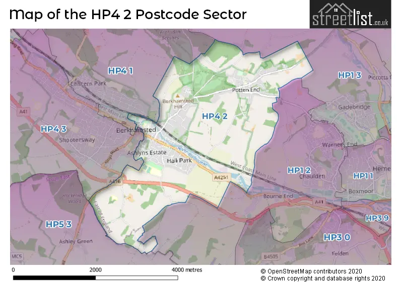 Map of the HP4 2 and surrounding postcode sector