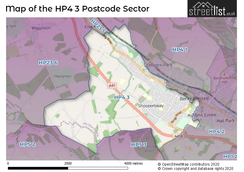 Map of the HP4 3 and surrounding postcode sector