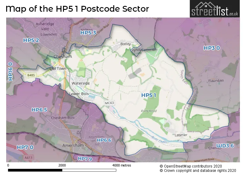 Map of the HP5 1 and surrounding postcode sector