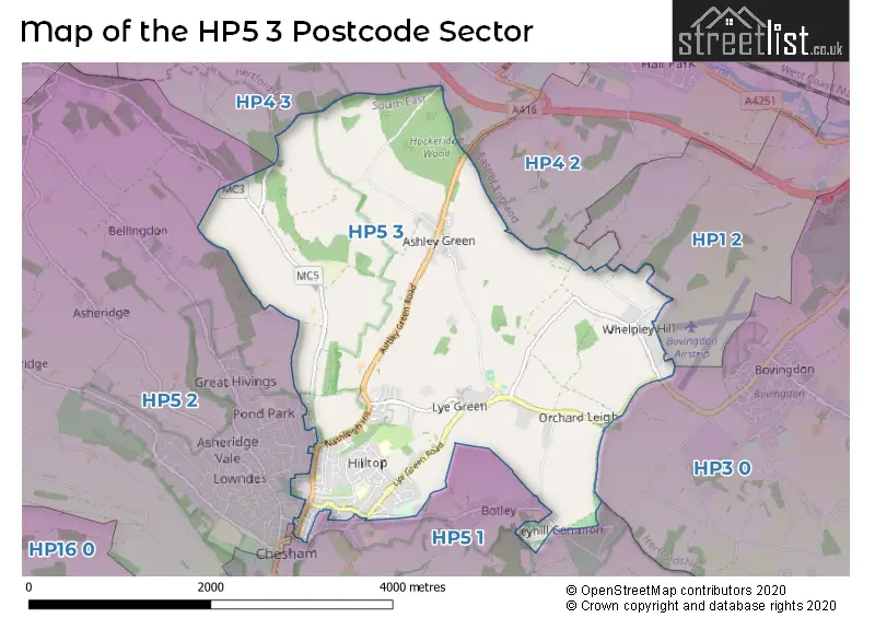 Map of the HP5 3 and surrounding postcode sector