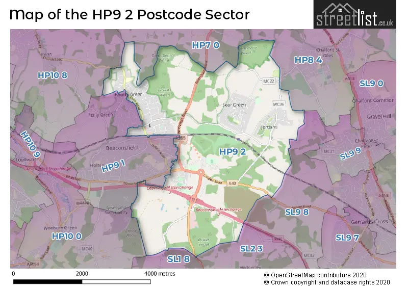Map of the HP9 2 and surrounding postcode sector
