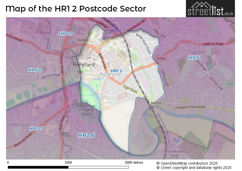 Map of the HR1 2 and surrounding postcode sector