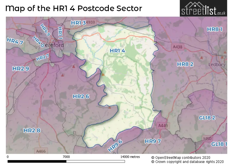 Map of the HR1 4 and surrounding postcode sector