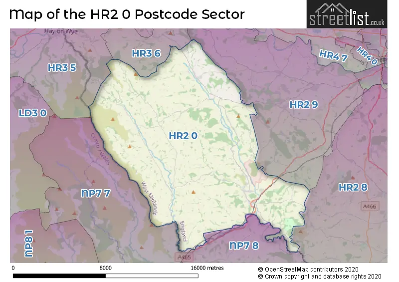 Map of the HR2 0 and surrounding postcode sector
