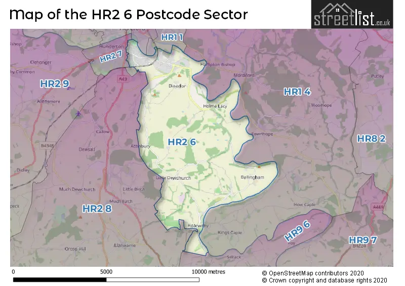 Map of the HR2 6 and surrounding postcode sector