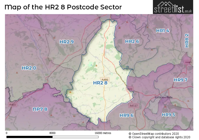 Map of the HR2 8 and surrounding postcode sector