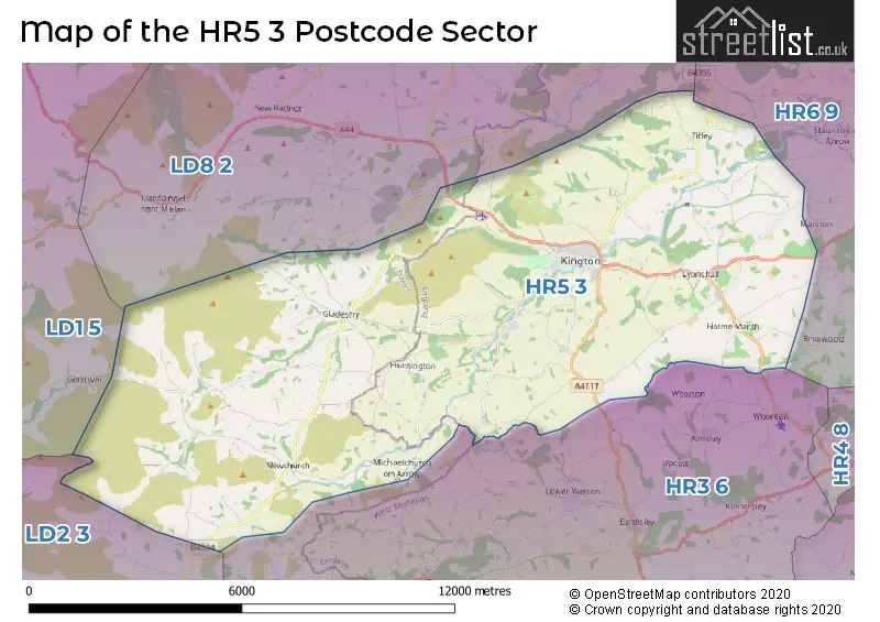 Map of the HR5 3 and surrounding postcode sector