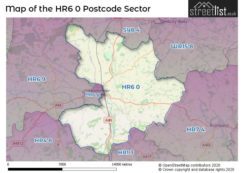 Map of the HR6 0 and surrounding postcode sector