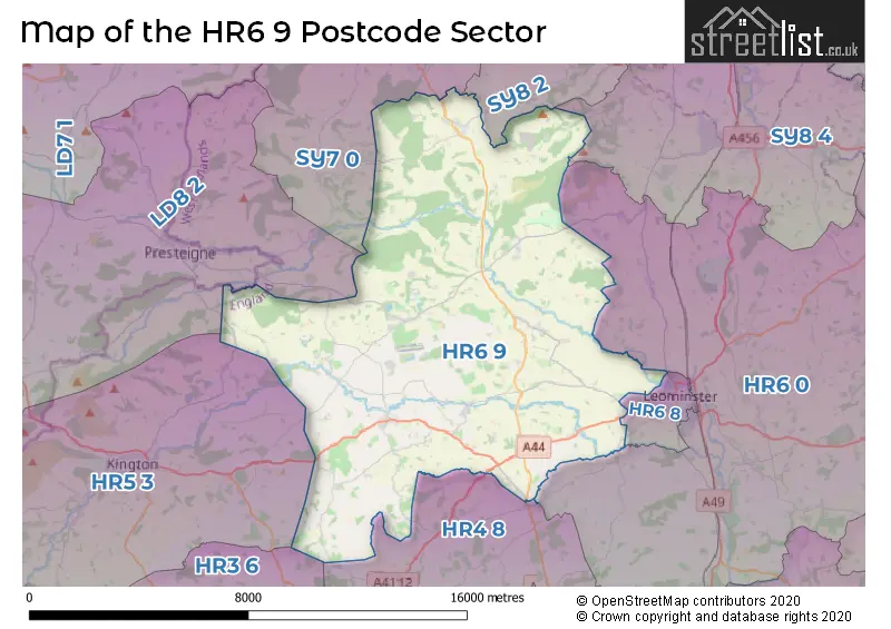 Map of the HR6 9 and surrounding postcode sector