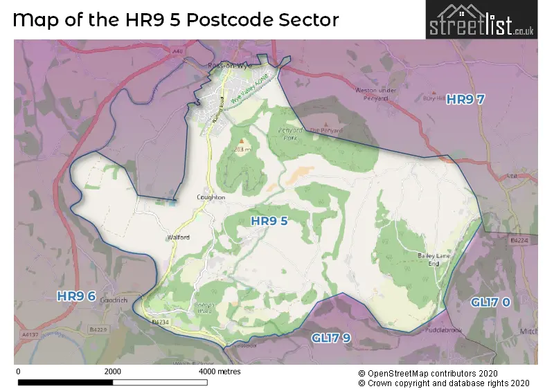 Map of the HR9 5 and surrounding postcode sector