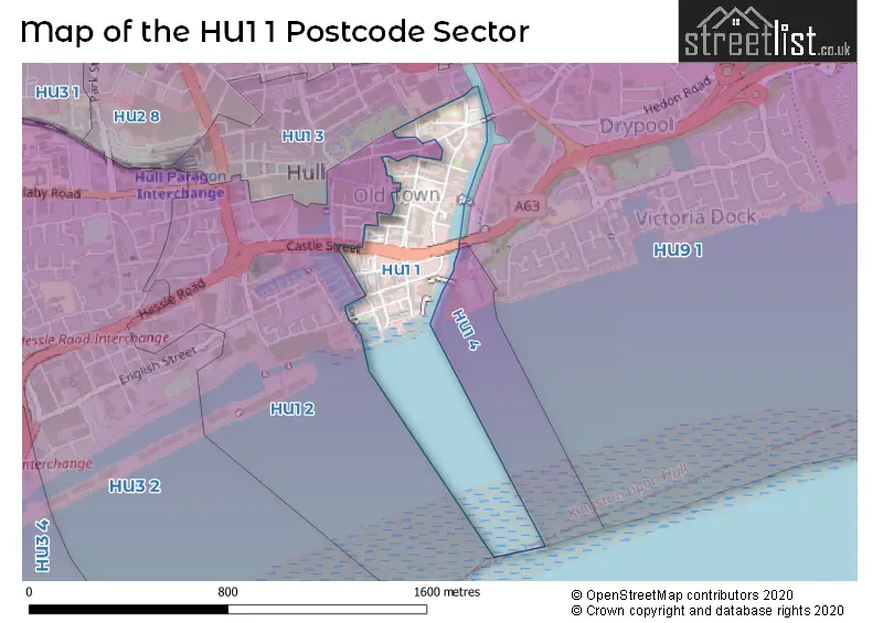 Map of the HU1 1 and surrounding postcode sector