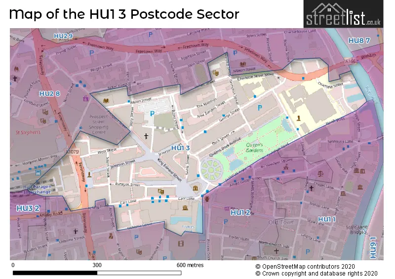 Map of the HU1 3 and surrounding postcode sector