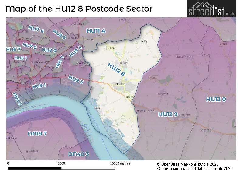 Map of the HU12 8 and surrounding postcode sector