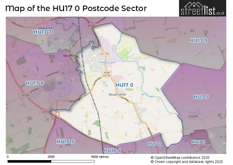 Map of the HU17 0 and surrounding postcode sector