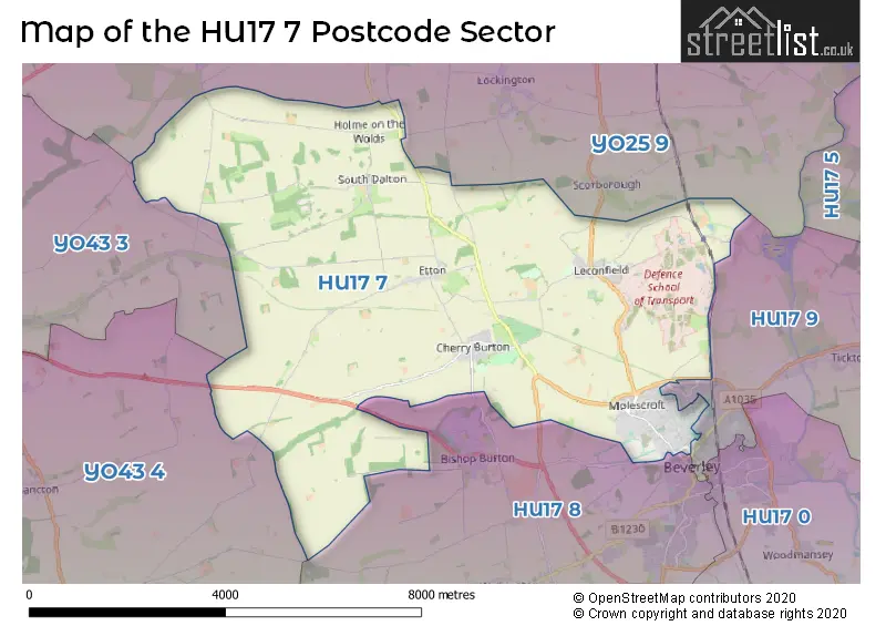 Map of the HU17 7 and surrounding postcode sector