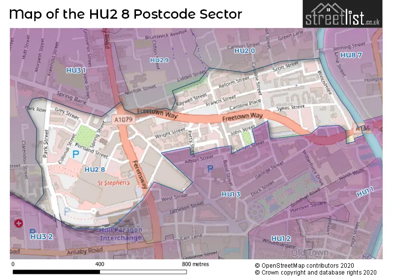 Map of the HU2 8 and surrounding postcode sector