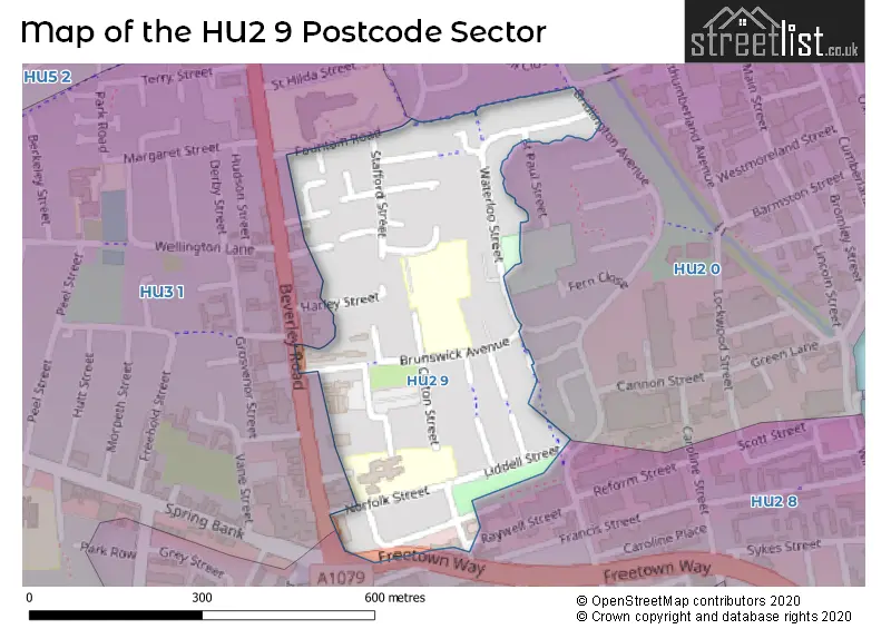Map of the HU2 9 and surrounding postcode sector