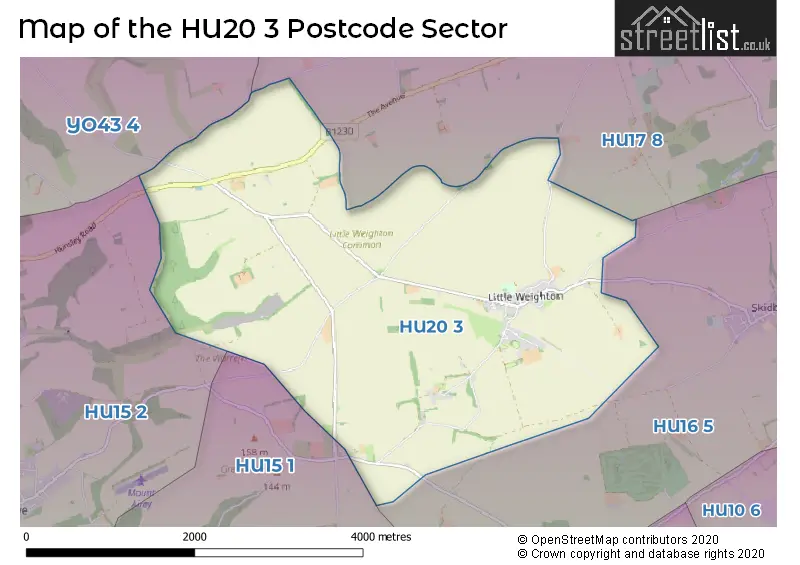 Map of the HU20 3 and surrounding postcode sector