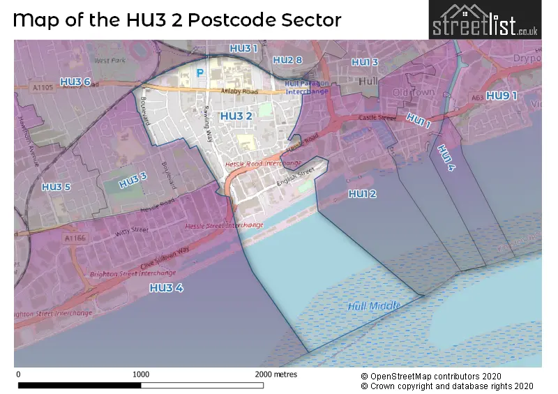 Map of the HU3 2 and surrounding postcode sector