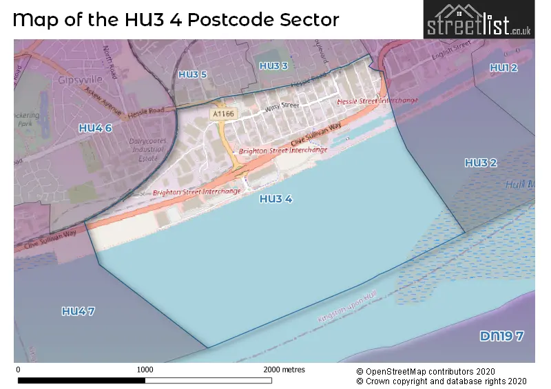 Map of the HU3 4 and surrounding postcode sector