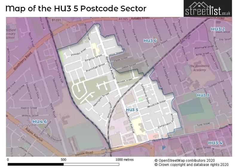 Map of the HU3 5 and surrounding postcode sector
