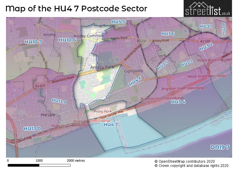 Map of the HU4 7 and surrounding postcode sector