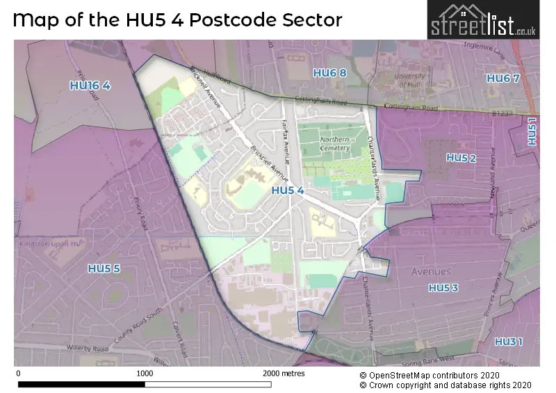 Map of the HU5 4 and surrounding postcode sector