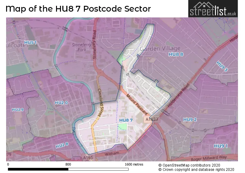 Map of the HU8 7 and surrounding postcode sector