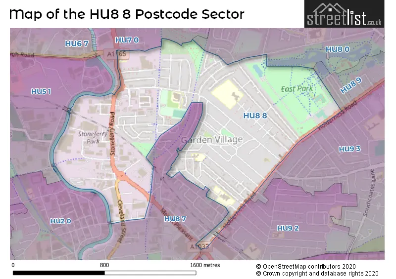 Map of the HU8 8 and surrounding postcode sector