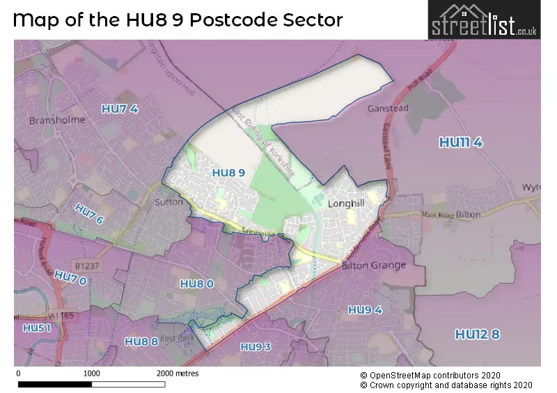 Map of the HU8 9 and surrounding postcode sector