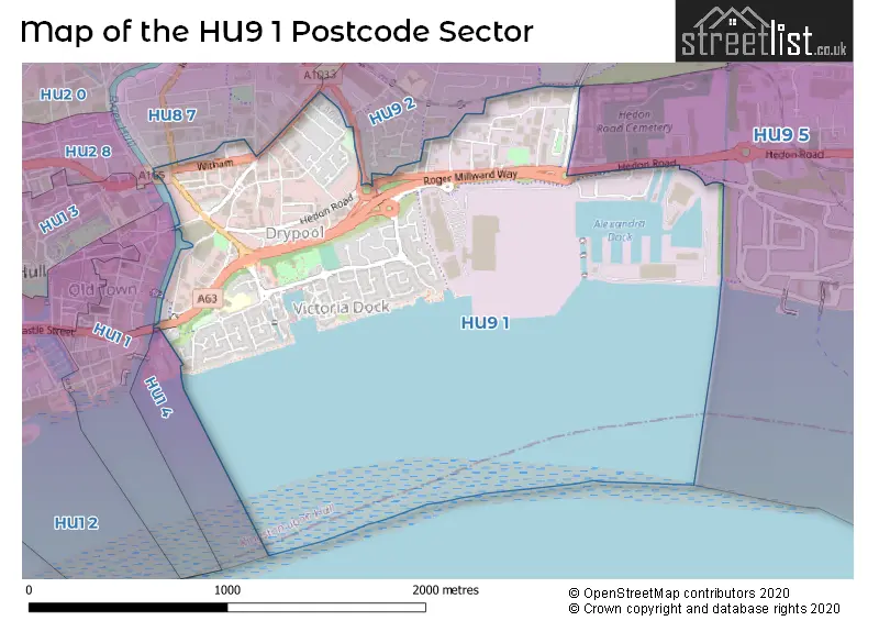 Map of the HU9 1 and surrounding postcode sector