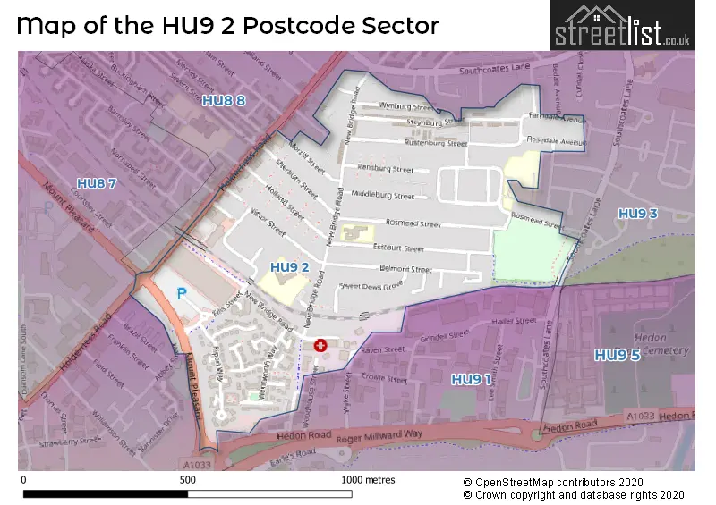 Map of the HU9 2 and surrounding postcode sector