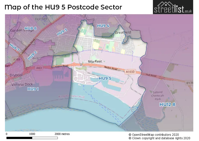 Map of the HU9 5 and surrounding postcode sector