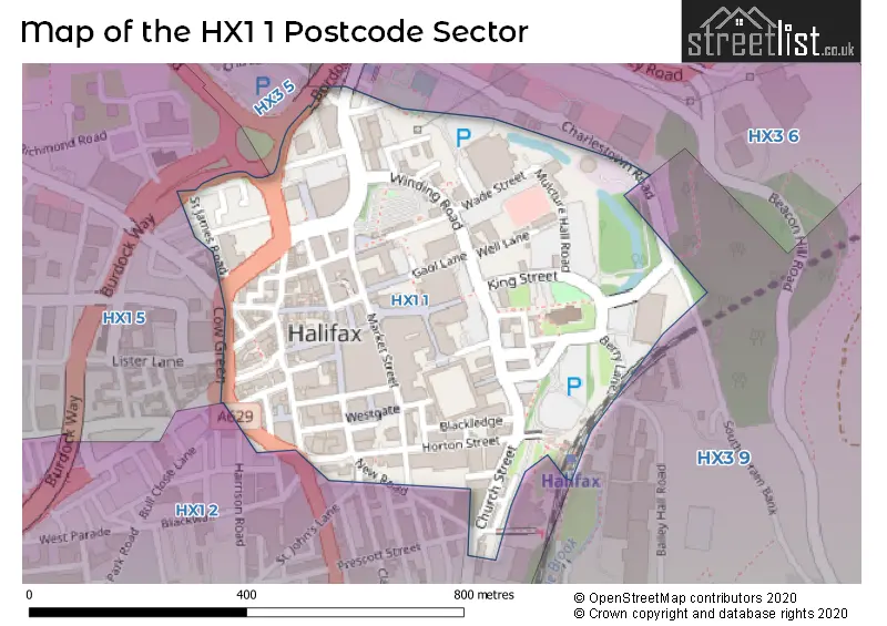Map of the HX1 1 and surrounding postcode sector