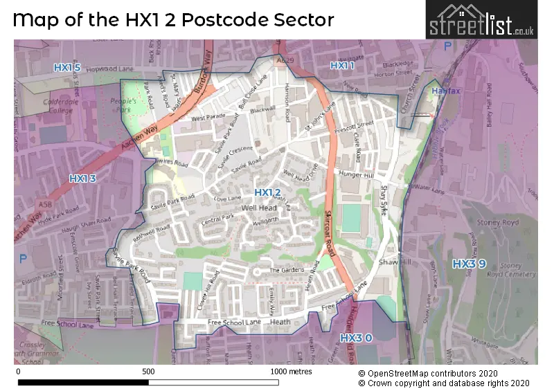 Map of the HX1 2 and surrounding postcode sector