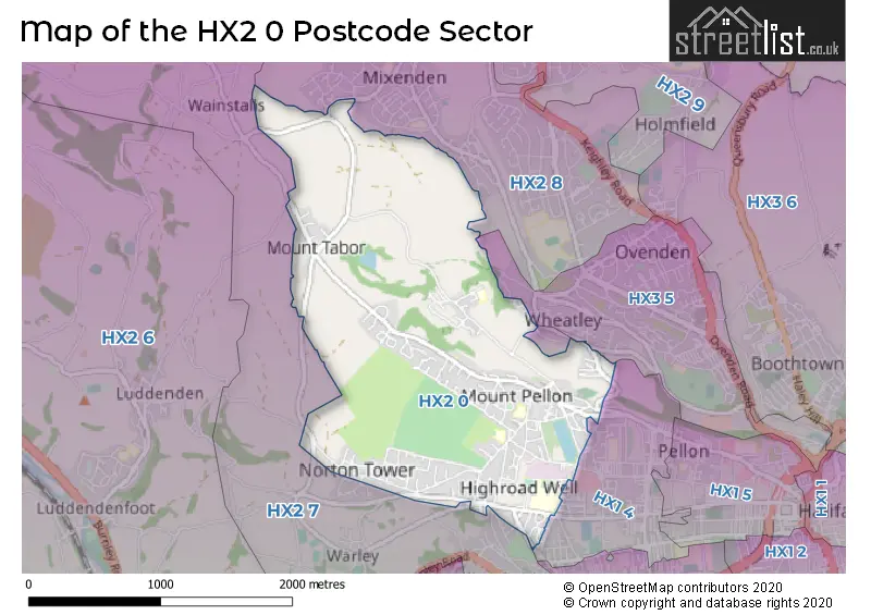 Map of the HX2 0 and surrounding postcode sector