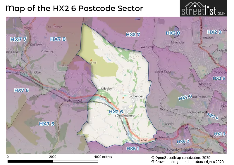 Map of the HX2 6 and surrounding postcode sector