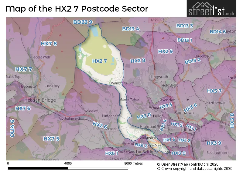Map of the HX2 7 and surrounding postcode sector