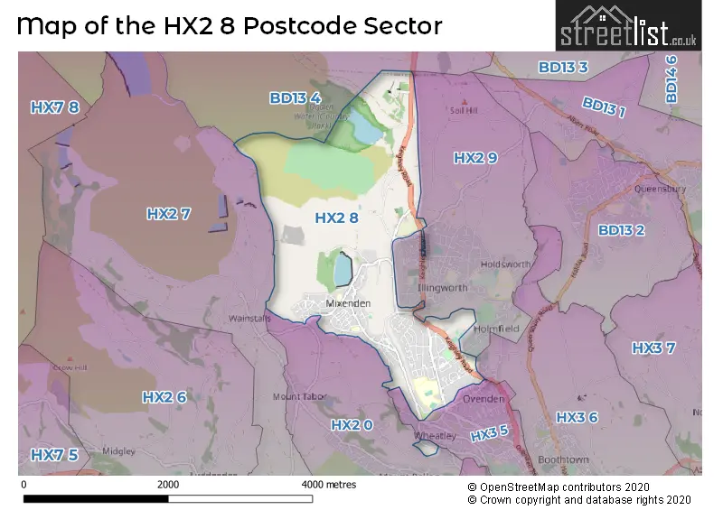 Map of the HX2 8 and surrounding postcode sector